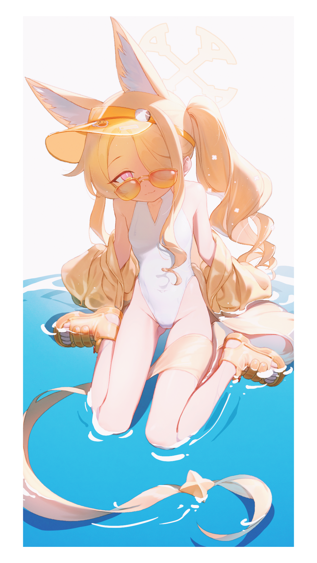 fe (sakura), seia (blue archive), seia (swimsuit) (blue archive), blue archive, highres, 1girl, above-cleavage cutout, animal ear fluff, animal ears, blonde hair, clothing cutout, cross halo, diamond cutout, forehead, fox ears, fox girl, hair over one eye, halo, highleg, highleg one-piece swimsuit, jacket, long bangs, looking at viewer, official alternate costume, official alternate hairstyle, one-piece swimsuit, orange-tinted eyewear, sandals, side ponytail, sitting, smile, solo, sunglasses, swimsuit, tinted eyewear, visor cap, wariza, white one-piece swimsuit, yellow halo, yellow jacket, yellow sandals, yellow visor
