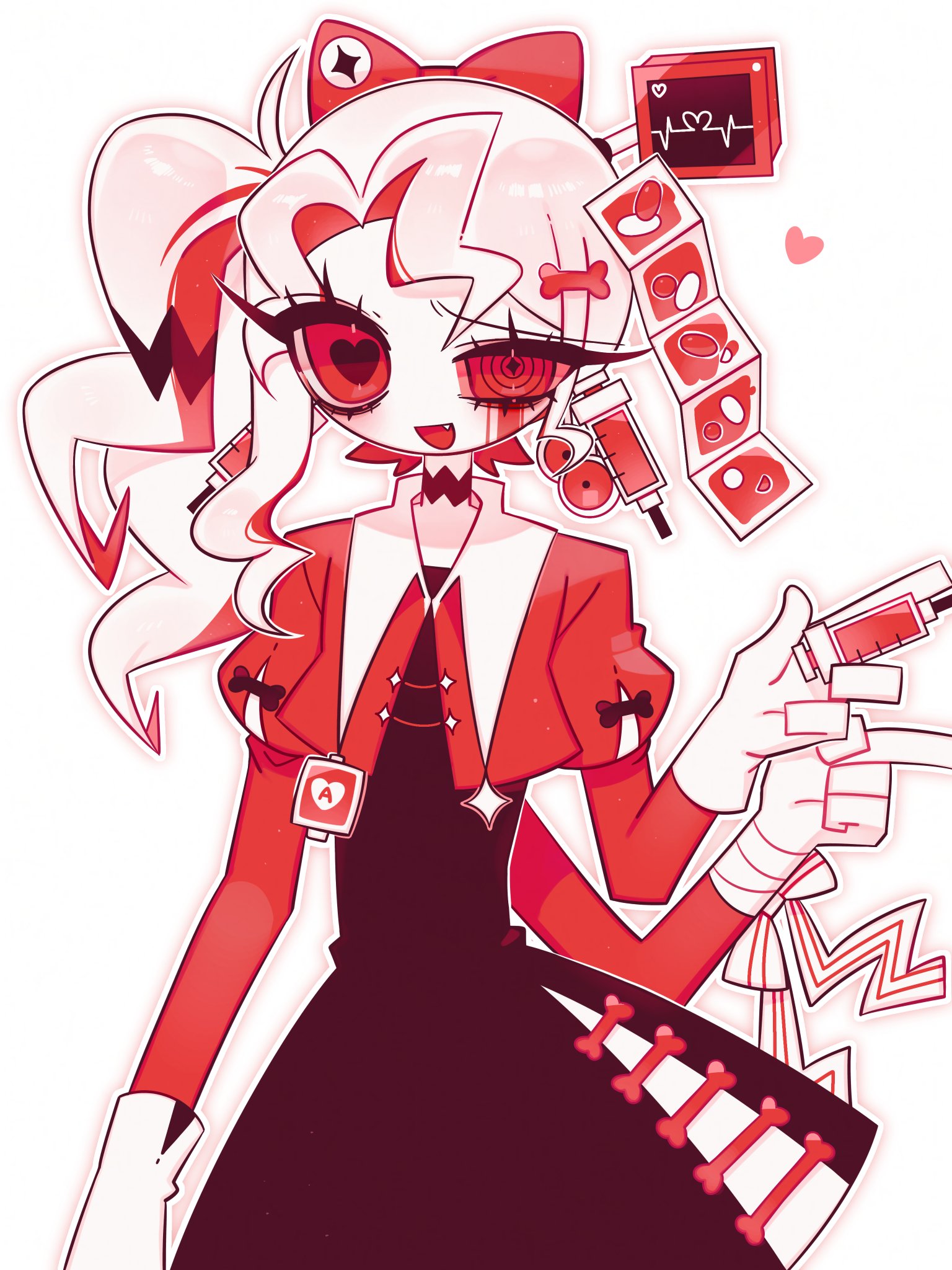 1018sus, original, commentary request, highres, korean commentary, 1girl, :d, arm at side, bandaged arm, bandages, blood, bloody tears, blush, bone hair ornament, bow, brown choker, brown dress, choker, colored skin, crop top, cropped shirt, curtained hair, dress, extra arms, eyelashes, fang, fewer digits, flat chest, gloves, hair bow, hair ornament, heart, heart-shaped pupils, high side ponytail, holding, holding syringe, juliet sleeves, long hair, long sleeves, looking at viewer, medium dress, mismatched pupils, multicolored hair, open mouth, outline, pill, pointing, pointing to the side, puff and slash sleeves, puffy sleeves, red bow, red eyes, red hair, red shirt, ringed eyes, shirt, side ponytail, side slit, simple background, smile, solo, sparkle, standing, streaked hair, symbol-shaped pupils, syringe, two-tone hair, uneven eyes, upper body, very big eyes, white background, white gloves, white hair, white outline, white skin