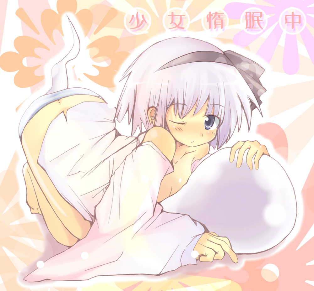 maturiuta sorato, konpaku youmu, konpaku youmu (ghost), touhou, silver hair, 1girl, barefoot, female focus, ghost, hitodama, one eye closed, panties, ribbon, short hair, solo, underwear, wink