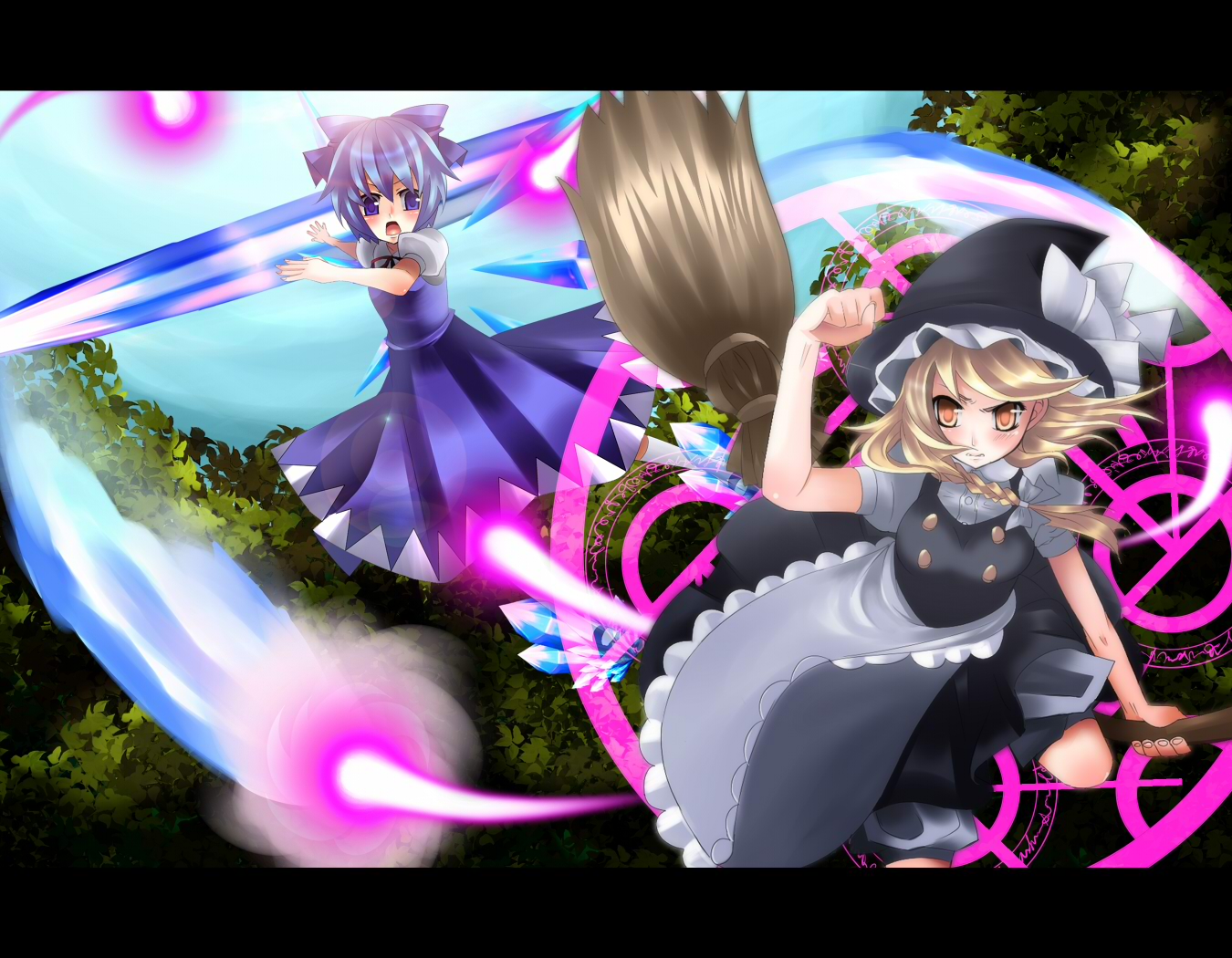 kozue, yukibina, cirno, kirisame marisa, embodiment of scarlet devil, touhou, bad id, bad pixiv id, 2girls, blonde hair, blue hair, broom, danmaku, female focus, flying, letterboxed, long hair, multiple girls, ribbon, short hair, wings