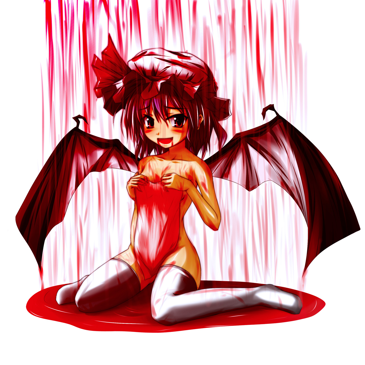 reichi, sangatsu neko, remilia scarlet, touhou, highres, 1girl, blood, female focus, full body, hat, raining blood, ribbon, short hair, socks, solo, thighhighs, towel, white background, wings