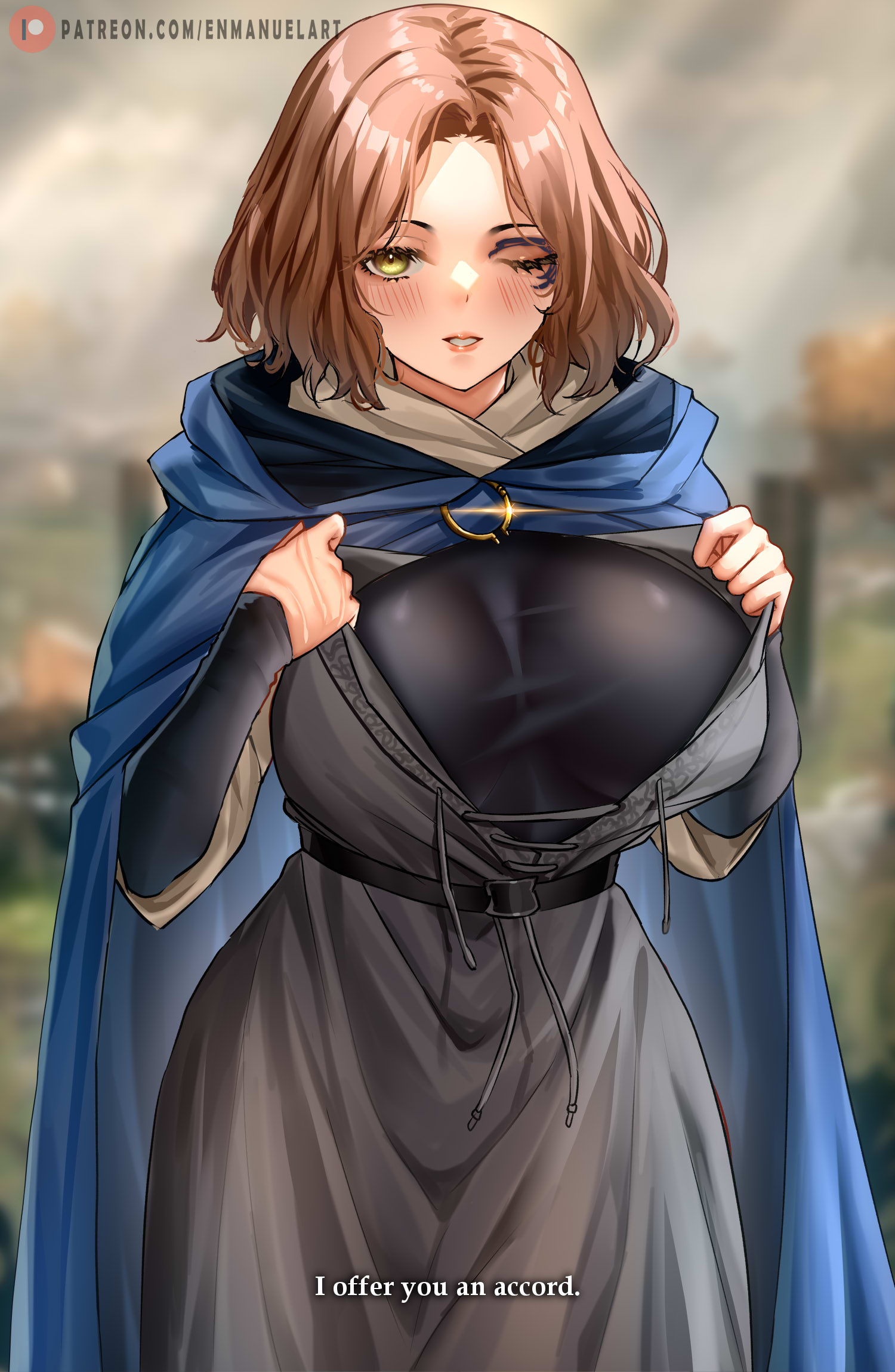 enma (enmanuelart), melina (elden ring), elden ring, commentary, english commentary, highres, variant set, 1girl, belt, black belt, black bodysuit, black dress, blue cloak, blurry, blurry background, blush, bodysuit, breasts, brown hair, cloak, cowboy shot, dress, english text, eyelashes, hood, hood down, hooded cloak, large breasts, lips, looking at viewer, medium hair, one-eyed, one eye closed, outdoors, parted lips, patreon logo, patreon username, scar, scar on hand, solo, sparkle, standing, underwear, yellow eyes