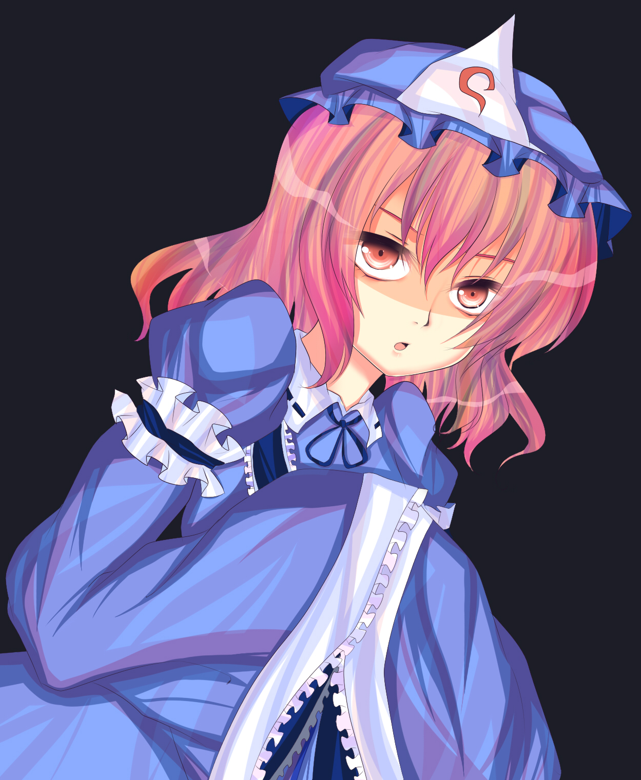 uranaishi (miraura), mirage, saigyouji yuyuko, touhou, bad id, bad pixiv id, highres, 1girl, :o, female focus, grey background, hat, japanese clothes, kimono, looking at viewer, pink eyes, pink hair, ribbon, short hair, simple background, solo, triangular headpiece