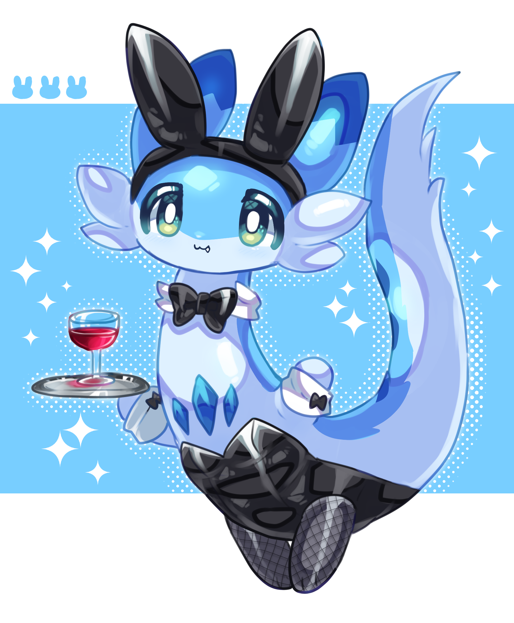 murasakigezi, chillet, palworld, highres, animal ears, black bow, black bowtie, blue skin, bow, bowtie, closed mouth, colored skin, fake animal ears, fang, grass, green eyes, holding, holding tray, leotard, no humans, pal (creature), sparkle, strapless, strapless leotard, tray