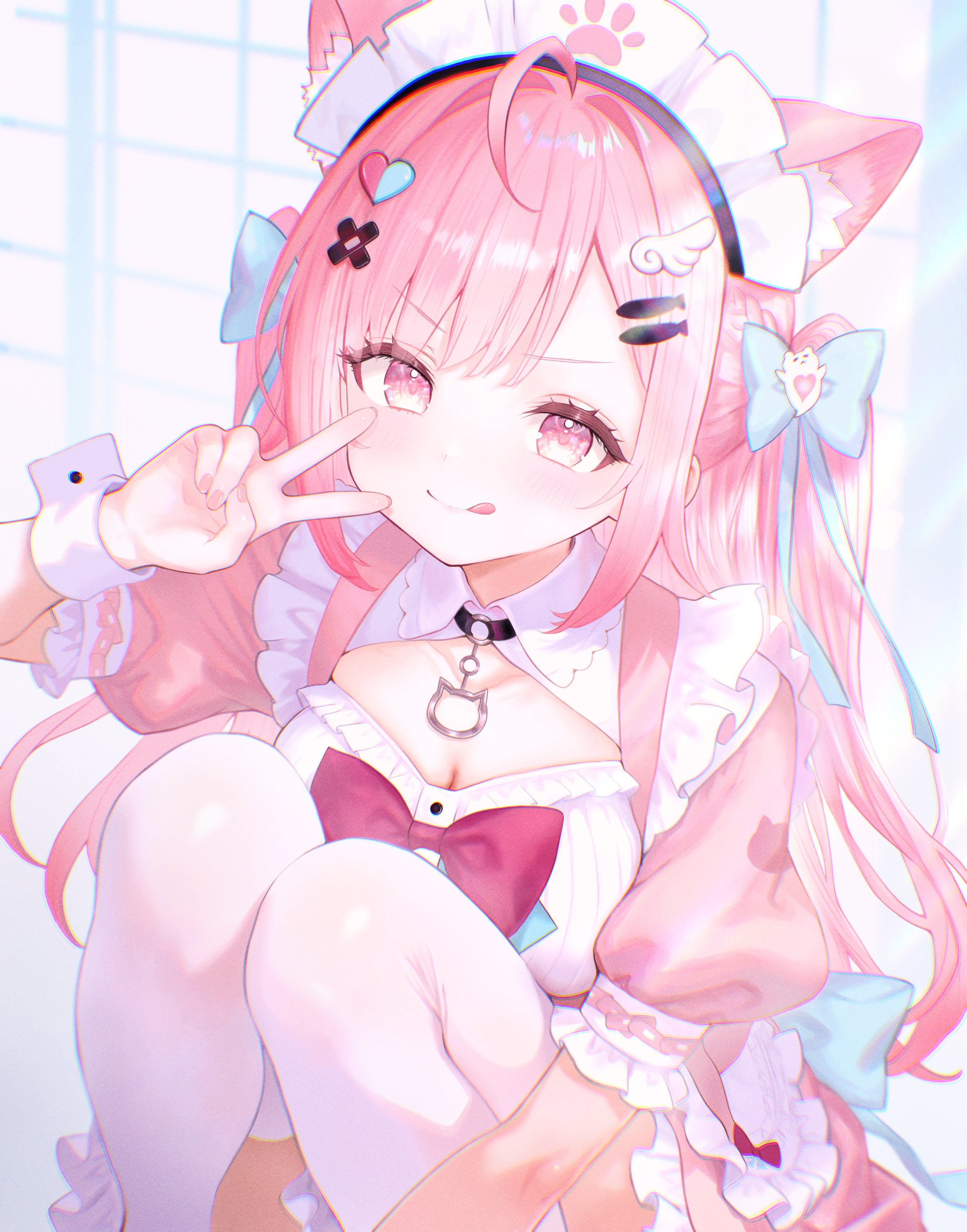 monyu tennyo, yuuki sakuna, yuuki sakuna (1st costume), indie virtual youtuber, absurdres, highres, 1girl, animal ears, bandaid, bandaid hair ornament, blue bow, bow, breasts, cat choker, cat ears, cat girl, cleavage, cleavage cutout, clothing cutout, collared dress, dress, fish hair ornament, frilled sleeves, frills, ghost hair ornament, hair bow, hair intakes, hair ornament, hairclip, heart, heart hair ornament, long hair, looking at viewer, maid, maid headdress, medium breasts, paw print, pink eyes, pink hair, puffy short sleeves, puffy sleeves, short sleeves, smile, solo, thighhighs, tongue, tongue out, two side up, unconventional maid, v, virtual youtuber, white thighhighs, white wrist cuffs, wing hair ornament, wrist cuffs