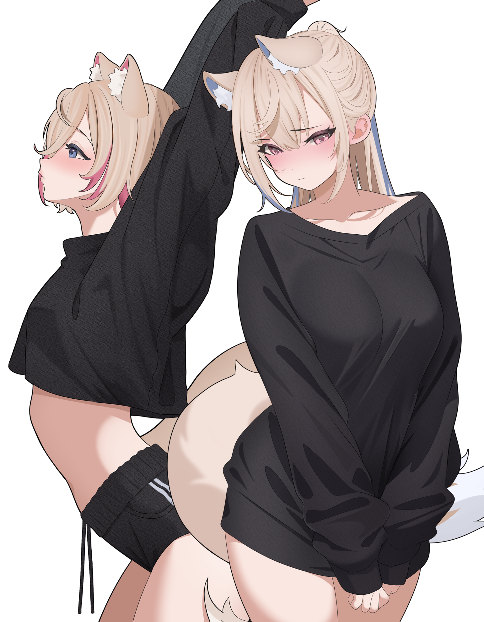 layunaart, fuwawa abyssgard, mococo abyssgard, hololive, hololive english, commentary, english commentary, highres, 2girls, alternate costume, animal ear fluff, animal ears, arched back, arms up, black shirt, black shorts, black sweater, blonde hair, blue eyes, blue hair, blush, breasts, collarbone, cowboy shot, crossed bangs, dog ears, dog girl, dog tail, dolphin shorts, double-parted bangs, extra ears, from side, hair between eyes, hair intakes, high ponytail, large breasts, long hair, long sleeves, looking at viewer, midriff, multicolored hair, multiple girls, no pants, outstretched arms, pink eyes, pink hair, ponytail, puffy long sleeves, puffy sleeves, shirt, short hair, shorts, siblings, simple background, sisters, sleeves past wrists, standing, streaked hair, stretching, sweater, tail, twins, virtual youtuber, white background, wide ponytail