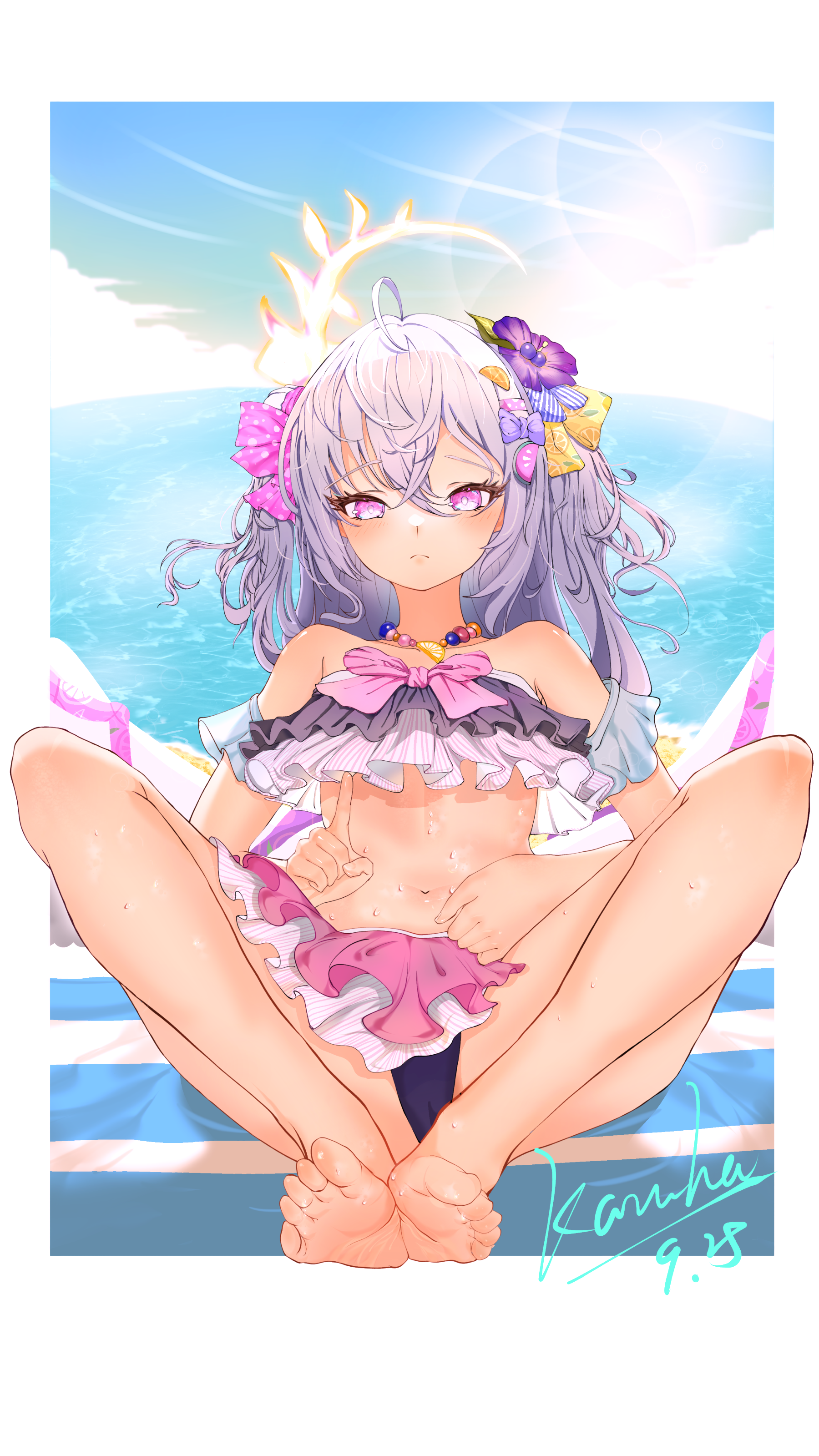 azusa (blue archive), azusa (swimsuit) (blue archive), blue archive, absurdres, highres, 1girl, ahoge, angel wings, artist name, barefoot, bead necklace, beads, bikini, bikini skirt, butterfly sitting, crescent halo, crossed bangs, dated, feathered wings, feet, flower, food-themed hair ornament, frilled bikini, frills, full body, hair ornament, halo, index finger raised, jewelry, knees apart feet together, legs, li hanhe, long hair, looking at viewer, low wings, navel, necklace, no shoes, ocean, orange hair ornament, purple flower, ribbon-trimmed bikini, ribbon-trimmed swimsuit, ribbon trim, sitting, soles, strapless, strapless bikini, sweat, swimsuit, toes, white wings, wings, yellow halo