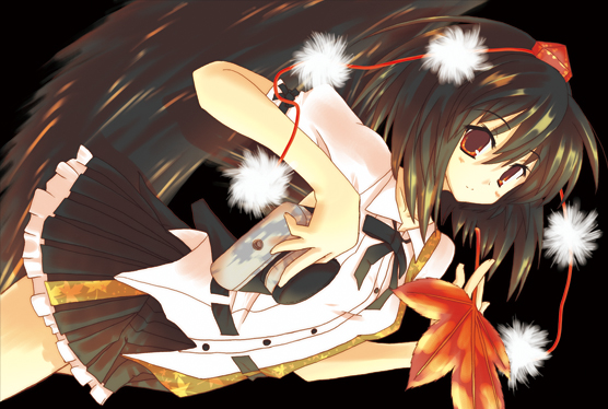 mutsuno hekisa, shameimaru aya, touhou, bad id, bad pixiv id, 1girl, black hair, black wings, camera, female focus, hat, looking at viewer, ribbon, short hair, skirt, solo, wings