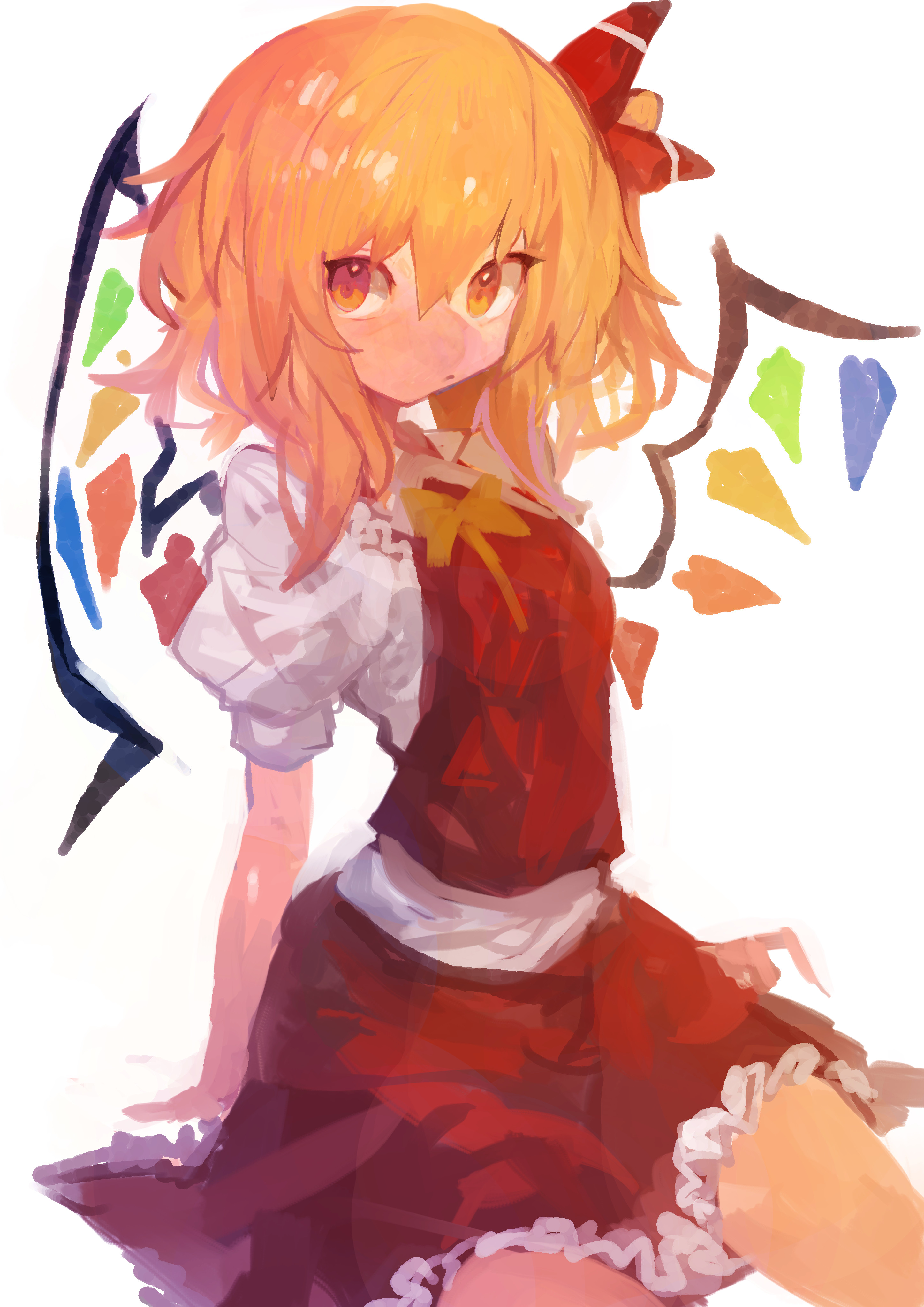 kaamin (mariarose753), flandre scarlet, touhou, absurdres, commentary, highres, 1girl, blonde hair, closed mouth, crystal, hair between eyes, orange hair, puffy short sleeves, puffy sleeves, red skirt, red vest, shirt, short sleeves, simple background, skirt, skirt set, solo, vest, white background, white shirt, wings