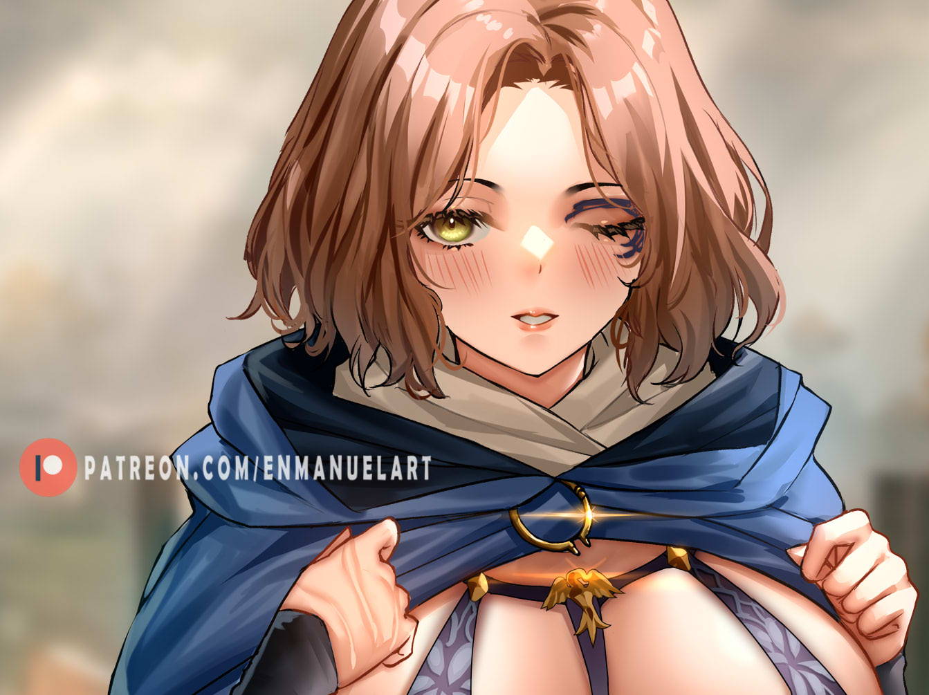 enma (enmanuelart), melina (elden ring), elden ring, commentary, english commentary, 1girl, black bra, blue cloak, blurry, blurry background, blush, bra, breasts, brown hair, cloak, eyelashes, hands on own chest, hood, hood down, hooded cloak, large breasts, lips, looking at viewer, medium hair, one-eyed, outdoors, parted lips, patreon logo, patreon username, portrait, scar, scar on hand, solo, sparkle, teeth, underwear, yellow eyes