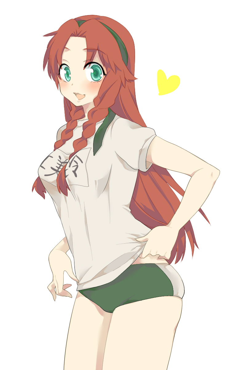 beniko, hong meiling, touhou, bad id, bad pixiv id, highres, 1girl, alternate costume, ass, braid, breasts, female focus, green eyes, gym uniform, hairband, heart, long hair, red hair, ribbon, simple background, solo, twin braids