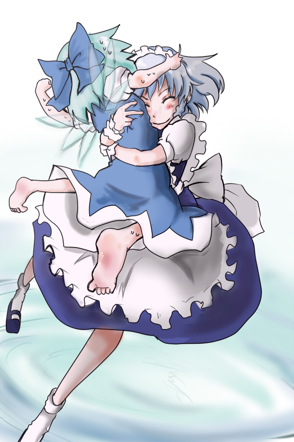wakie, cirno, izayoi sakuya, embodiment of scarlet devil, touhou, silver hair, 2girls, barefoot, blue hair, blush, feet, female focus, hug, maid, multiple girls, ribbon, short hair, wings