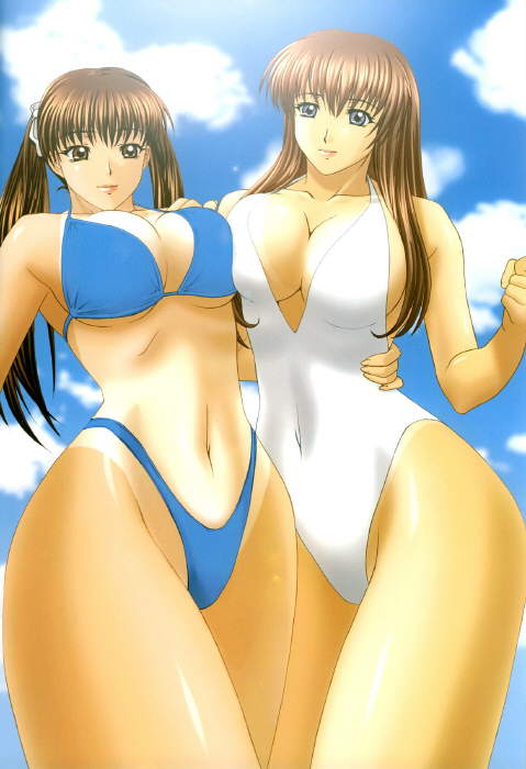 hitomi (doa), lei fang, dead or alive, tecmo, jpeg artifacts, non-web source, 2girls, arm around waist, bikini, blue eyes, breasts, brown eyes, brown hair, center opening, cleavage, cloud, covered navel, day, from below, hip focus, large breasts, long hair, multiple girls, navel, one-piece tan, shiny skin, sky, swimsuit, tan, tanline, twintails, wide hips