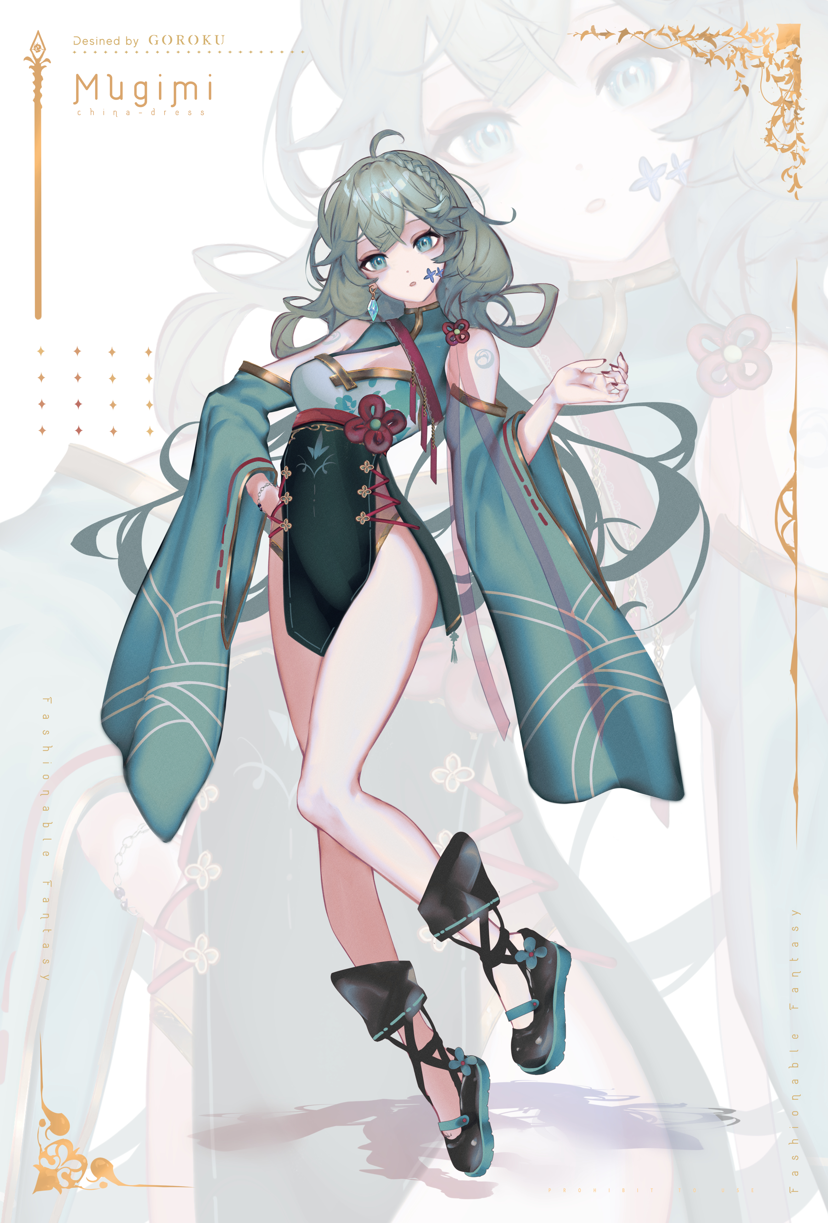 goroku, original, absurdres, commentary, highres, 1girl, bare shoulders, braid, chinese clothes, detached sleeves, earrings, full body, green eyes, green hair, jewelry, long hair, looking at viewer, open mouth, shoes, solo, zoom layer