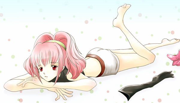 chihayable, anya alstreim, code geass, bad id, bad pixiv id, 00s, 1girl, bad anatomy, bad feet, bad hands, barefoot, female focus, lying, on stomach, pink hair, red eyes, solo