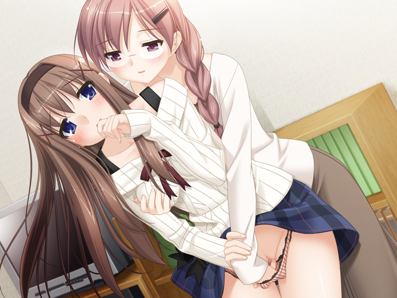 kani biimu, kitajima kaede, kitajima sara, fuguriya, sono hanabira ni kuchizuke wo, game cg, 2girls, bath, blue eyes, blush, breasts, brown hair, censored, female focus, fingering, glasses, grabbing another's breast, groping, hand in panties, impossible clothes, impossible shirt, incest, long hair, medium breasts, mosaic censoring, multiple girls, panties, ponytail, pussy, same-sex bathing, shared bathing, shirt, smile, underwear, yuri