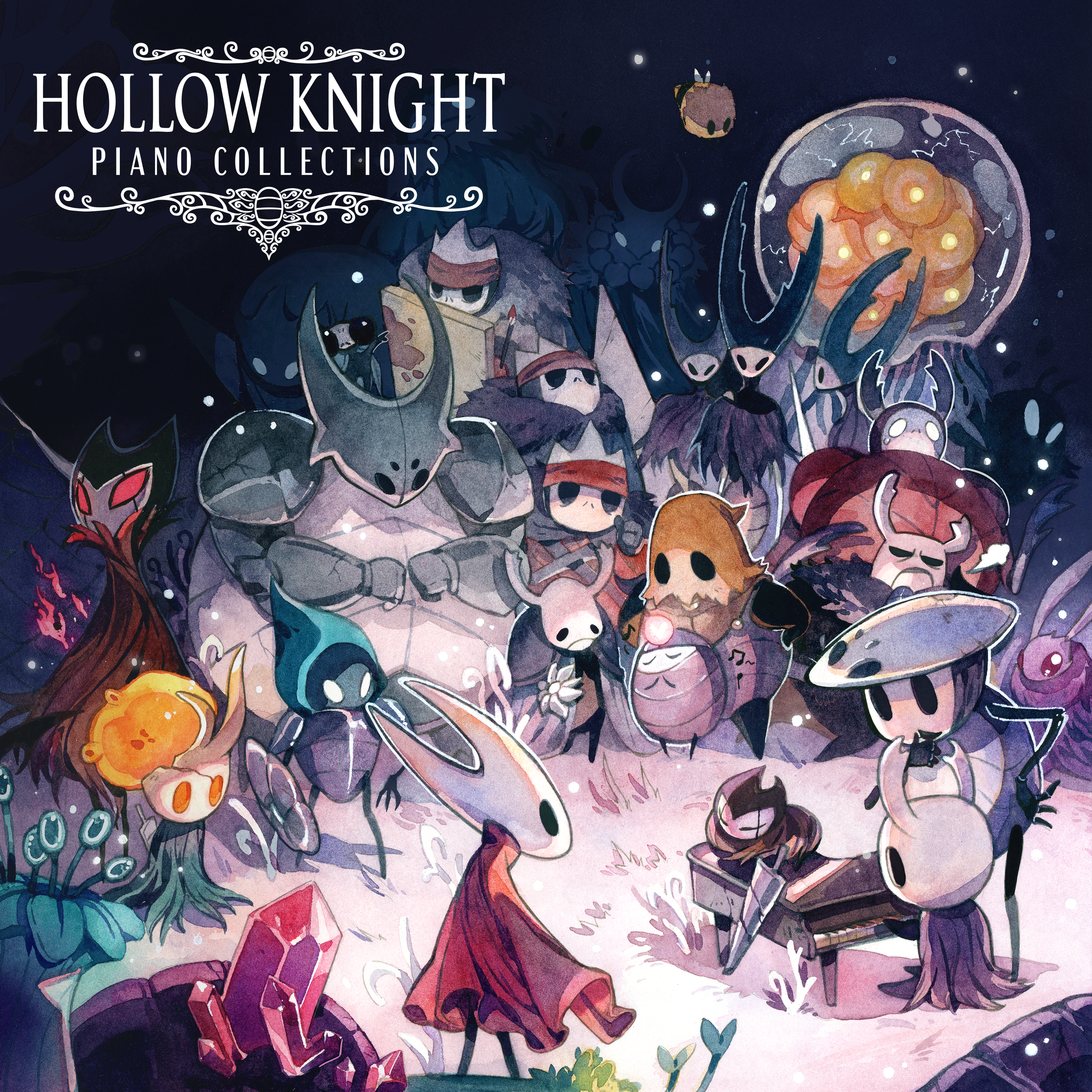 wraith615, broken vessel (hollow knight), cloth (hollow knight), false knight (hollow knight), grey prince zote, grimm (hollow knight), grimmchild, hive knight (hollow knight), hiveling (hollow knight), hornet (hollow knight), knight (hollow knight), mantis lord (hollow knight), markoth (hollow knight), mato (hollow knight), myla (hollow knight), oro (hollow knight), quirrel, seer (hollow knight), sheo (hollow knight), sly (hollow knight), soul master (hollow knight), tiso, watcher knight (hollow knight), hollow knight, absurdres, commentary, english commentary, highres, second-party source, 2others, 6+boys, 6+girls, album cover, album name, antennae, armor, arthropod boy, arthropod girl, bag over head, bee, bug, cloak, closed eyes, closed mouth, cover, cracked mask, crystal, delicate flower (hollow knight), dung defender (hollow knight), elderbug (hollow knight), fire, flower, flying, full armor, grey cloak, holding, holding paintbrush, holding shield, holding weapon, hollow eyes, hood, hood up, horned mask, insect, insect girl, instrument, jellyfish, mantis girl, mask, mask on head, moth girl, multiple boys, multiple girls, multiple others, music, musical note, nail (hollow knight), old nail (hollow knight), paintbrush, piano, planted, playing instrument, red cloak, red eyes, shield, singing, standing on another's head, uumuu (hollow knight), weapon, weapon on back, white flower, white mask