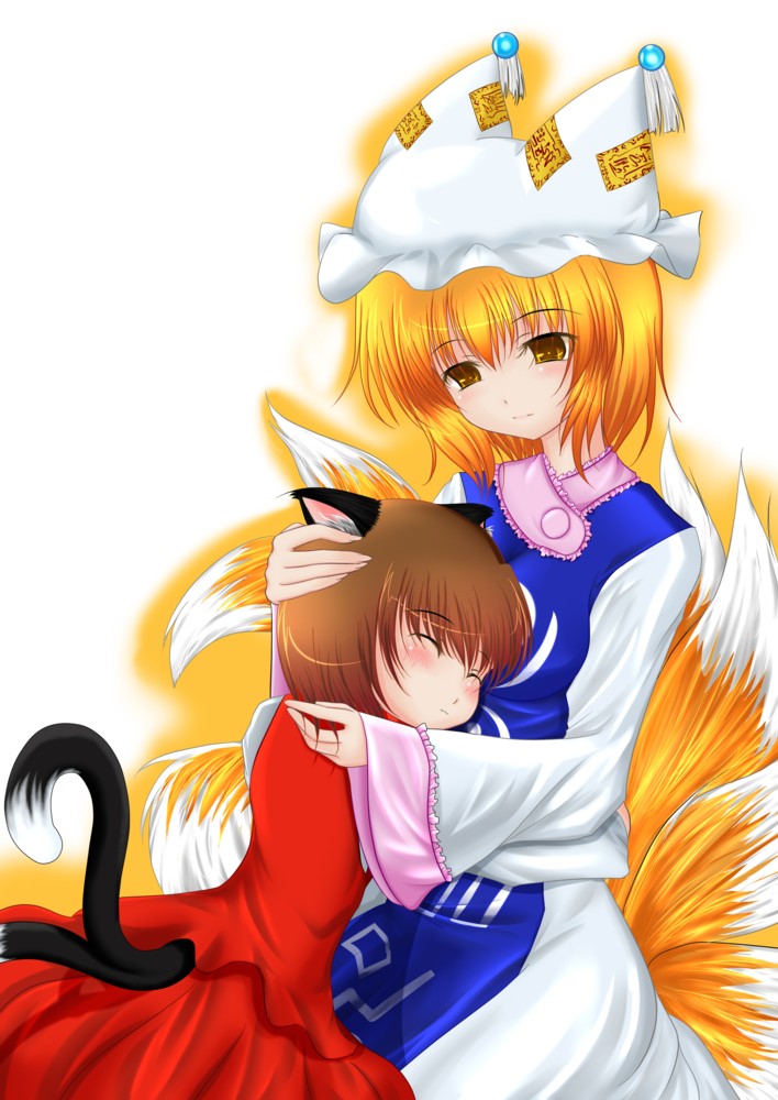 inu3, inu3li, chen, yakumo ran, touhou, bad id, bad pixiv id, 2girls, animal ears, animal hat, blonde hair, brown hair, cat ears, cat girl, cat tail, closed eyes, female focus, fox ears, fox tail, hand on another's head, hat, hug, long sleeves, mob cap, multiple girls, short hair, tail, tassel, white background, wide sleeves