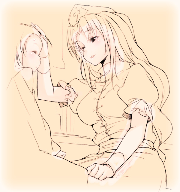 buriki, yagokoro eirin, touhou, hand on head, 1girl, child, closed eyes, female focus, hat, headpat, long hair, monochrome, orange theme, patting, sitting, smile