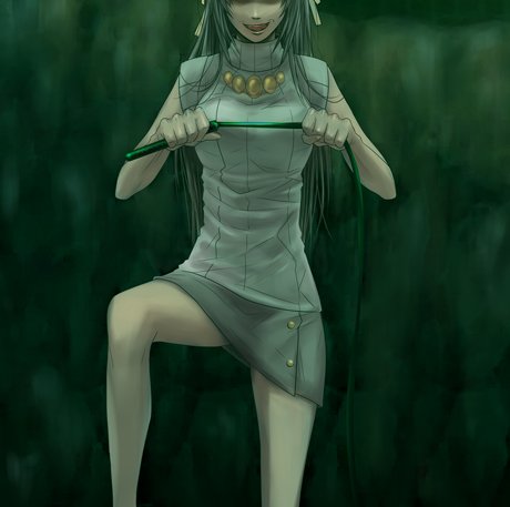 3u, sonozaki shion, higurashi no naku koro ni, bad id, bad pixiv id, lowres, 00s, 1girl, female focus, green hair, head out of frame, long hair, ribbon, solo, whip, you gonna get raped