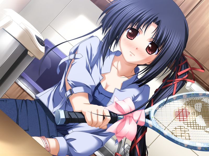 tsukimori hiro, nanjou ibuki, akiiro renka, game cg, non-web source, black hair, blush, bow, brown eyes, closed mouth, embarrassed, jacket, long hair, racket, red bow, ribbon, side ponytail, skirt