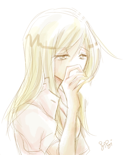 gigi, takano miyo, higurashi no naku koro ni, 00s, 1girl, blonde hair, female focus, long hair, nurse, sexually suggestive, simple background, solo, white background, yellow eyes