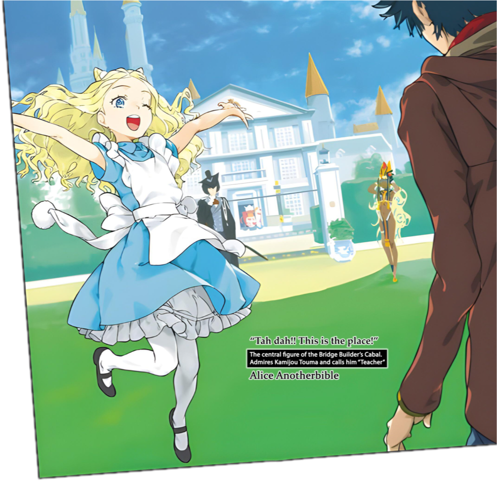 haimura kiyotaka, alice anotherbible, kamijou touma, toaru majutsu no index, toaru majutsu no index: genesis testament, cropped, non-web source, novel illustration, official art, 2boys, 2girls, ancient egyptian, animal ears, apron, bare shoulders, black hair, black shoes, blonde hair, blue dress, blue eyes, blue sky, building, butler, castle, character name, dark-skinned female, dark skin, day, demon horns, dress, english text, frilled apron, frilled dress, frills, full body, groin, h. t. trismegistus, happy, hat, horns, long hair, mary janes, multiple boys, multiple girls, mut thebes, one eye closed, outdoors, pantyhose, shoes, sky, top hat, very long hair, white apron, white pantyhose, window