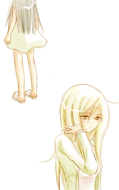 gigi, furude rika, takano miyo, higurashi no naku koro ni, 00s, 2girls, back, blonde hair, blue hair, dress, female focus, long hair, multiple girls, simple background, white background, yellow eyes