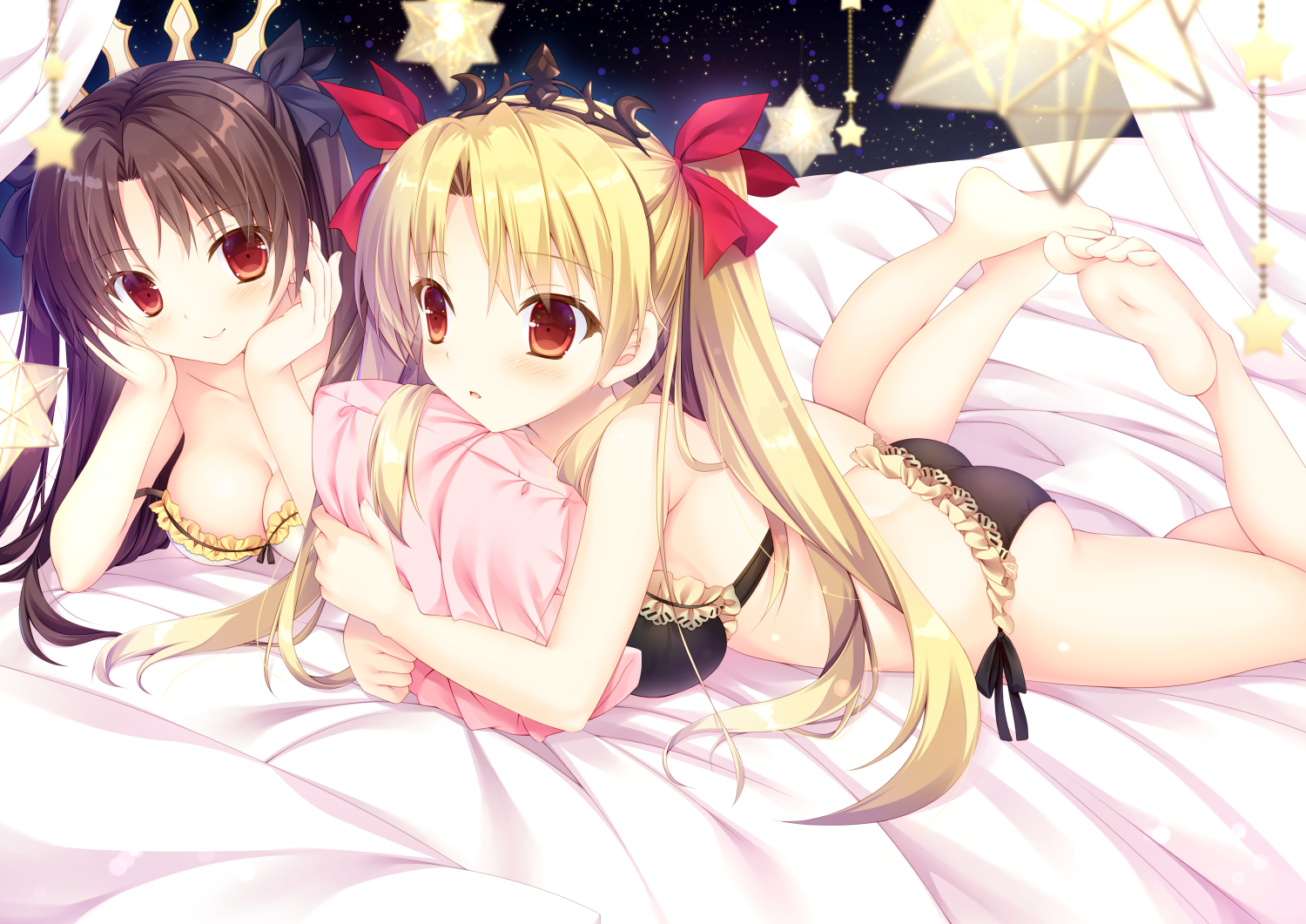 licoco, ereshkigal (fate), ishtar (fate), fate/grand order, fate (series), pink pillow, check commentary, commentary request, 2girls, ass, black bra, black hair, black panties, black ribbon, black tiara, blonde hair, bra, breasts, collarbone, hair ribbon, holding, holding pillow, large breasts, long hair, lying, medium breasts, multiple girls, on bed, on stomach, panties, pillow, red eyes, red ribbon, ribbon, star (sky), star (symbol), starry sky background, tiara, tress ribbon, twintails, underwear, white bra, white tiara