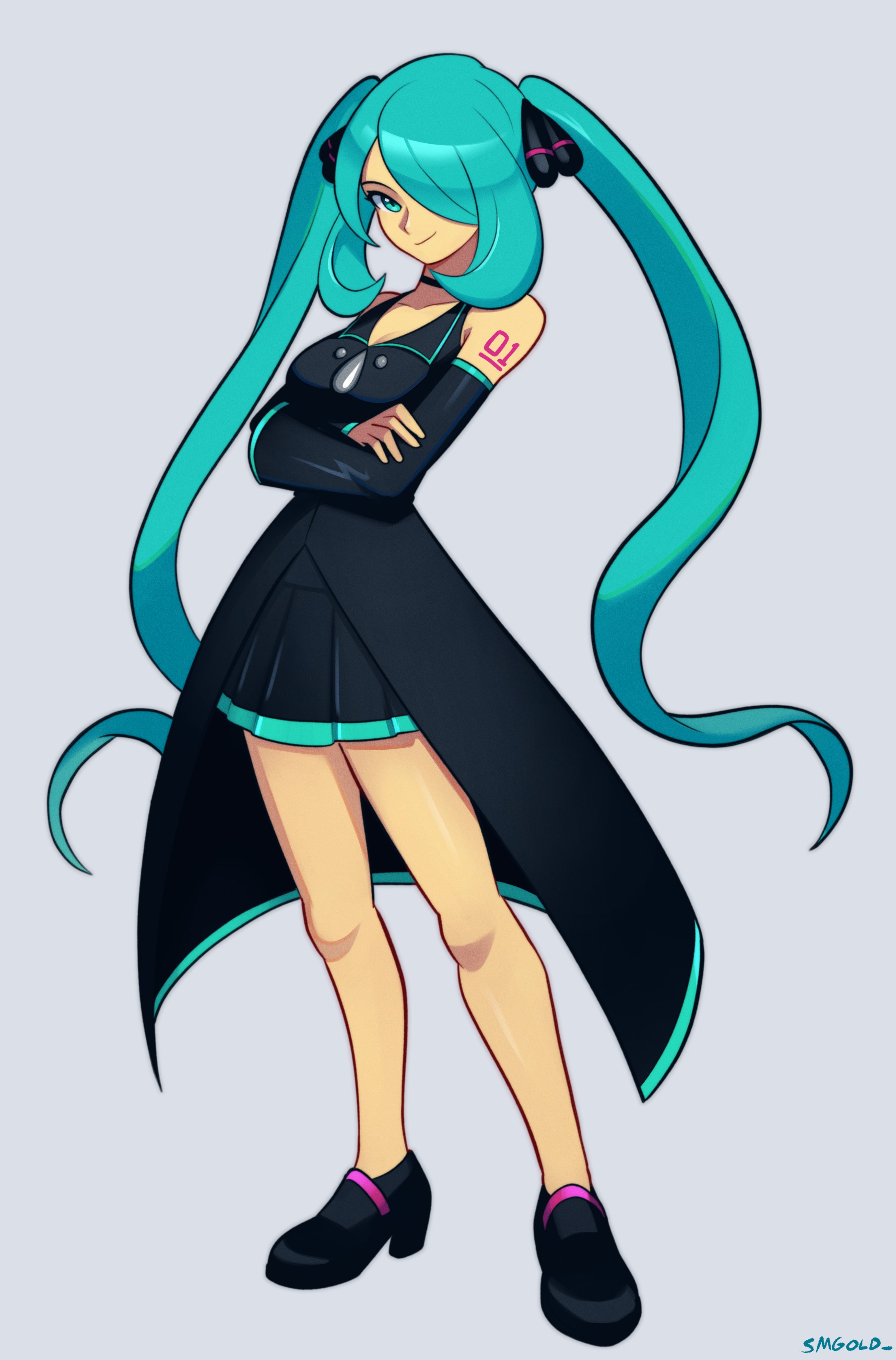 smgold, cynthia (pokemon), hatsune miku, champion (vocaloid), nintendo, pokemon, pokemon dppt, project voltage, vocaloid, absurdres, commentary, commission, commissioner upload, highres, 1girl, aqua eyes, aqua hair, arm tattoo, arms under breasts, bare shoulders, black choker, black shirt, black shoes, black skirt, blue hair, breasts, choker, collared shirt, cosplay, crossed arms, cynthia (pokemon) (cosplay), detached sleeves, hair ornament, hair over one eye, large breasts, long hair, long sleeves, looking at viewer, shirt, shoes, skirt, sleeveless, sleeveless shirt, smile, solo, tattoo, twintails, very long hair, wavy hair