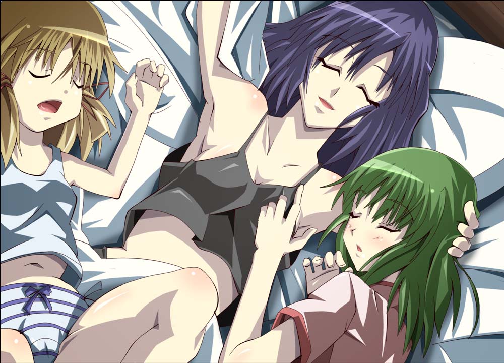 shin'ya (nanp), kochiya sanae, moriya suwako, yasaka kanako, touhou, 3girls, bed, blonde hair, female focus, green hair, long hair, multiple girls, panties, purple hair, ribbon, short hair, sleeping, underwear