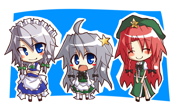 kashiwa mochi, kashiwa mochi (espoir), hong meiling, izayoi sakuya, touhou, silver hair, >:), 3girls, :d, ^ ^, ahoge, apron, blue eyes, blush, blush stickers, braid, chibi, child, china dress, chinese clothes, closed eyes, dress, family, female focus, hat, if they mated, long hair, maid, maid apron, maid headdress, multiple girls, open mouth, red hair, short hair, side slit, smile, star (symbol), twin braids, v-shaped eyebrows, waist apron