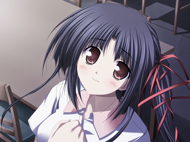 tsukimori hiro, nanjou ibuki, akiiro renka, game cg, non-web source, black hair, blush, bow, brown eyes, chair, closed mouth, long hair, looking up, night, red bow, ribbon, side ponytail, sportswear, table, tennis uniform
