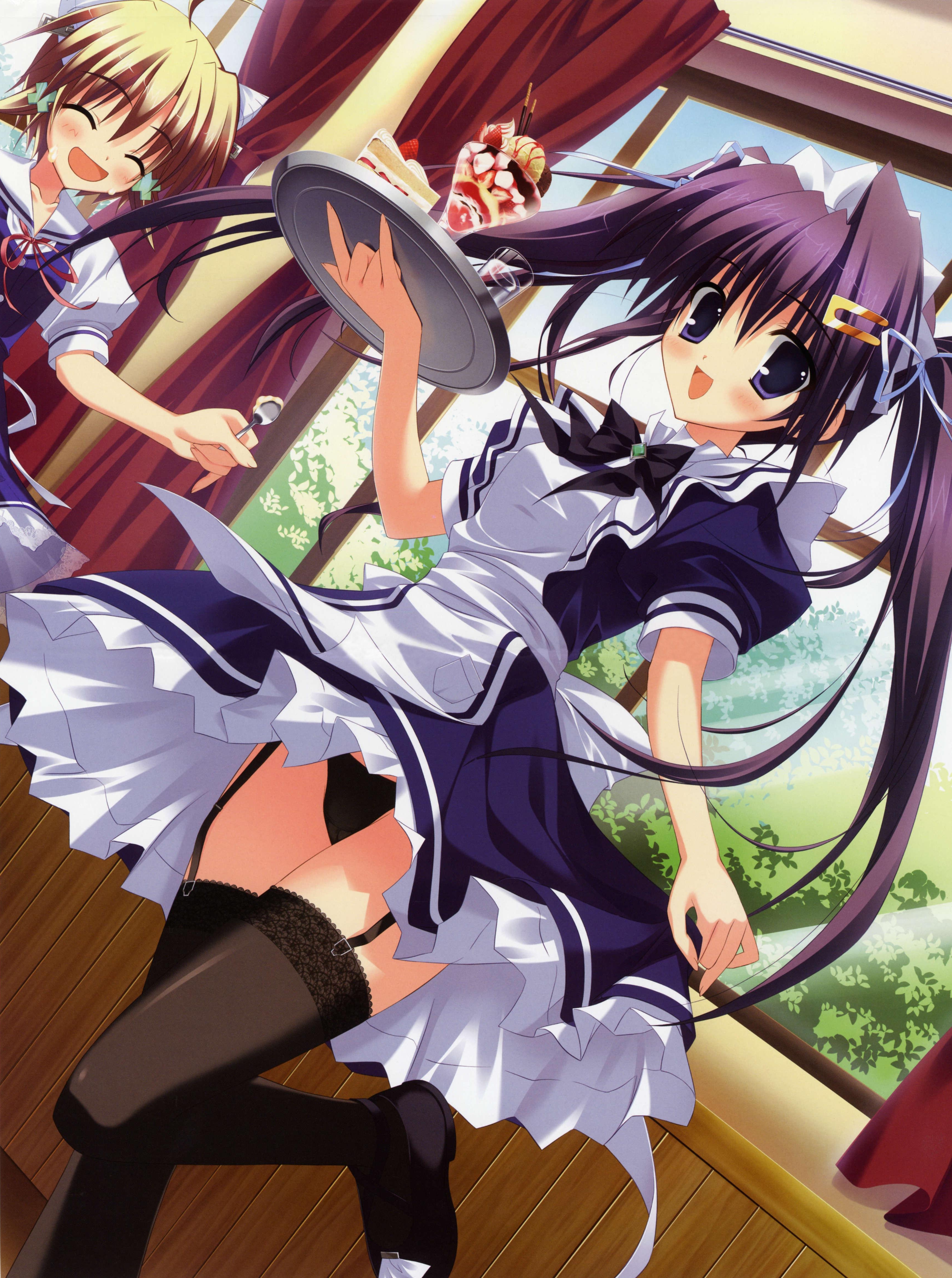 mitha, miyagino sayu, okamoto nonoka, clear (visual novel), black legwear, lace-trimmed legwear, absurdres, highres, 2girls, black panties, blonde hair, blush, cake, cake slice, closed eyes, curtains, dutch angle, food, fruit, garter straps, hair ornament, hairclip, lace, lace trim, multiple girls, open mouth, panties, pantyshot, parfait, pocky, purple eyes, purple hair, strawberry, strawberry shortcake, thighhighs, tray, twintails, underwear, waitress, window