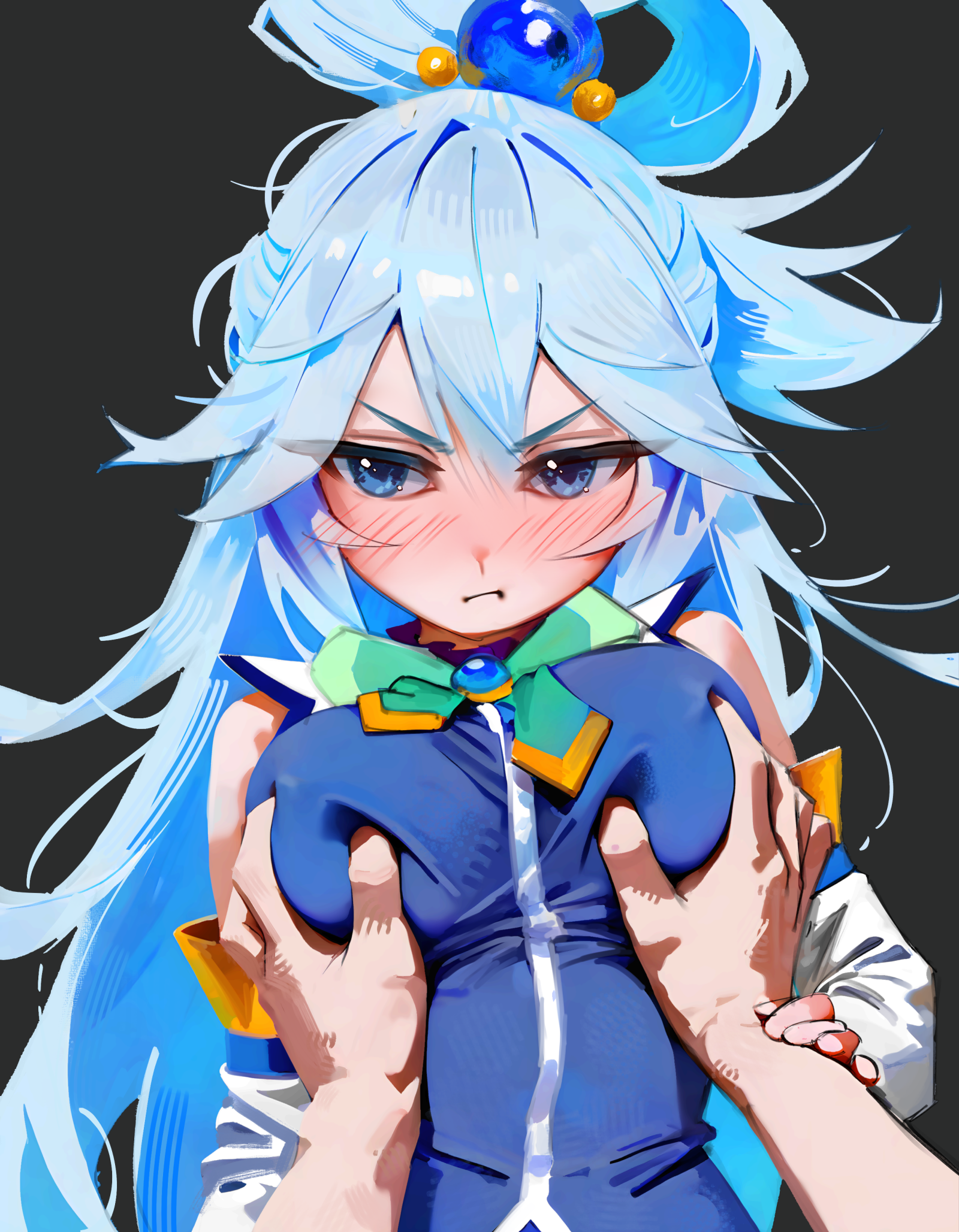 yoko-chan (mijizukeyoko), aqua (konosuba), kono subarashii sekai ni shukufuku wo!, commentary, english commentary, highres, 1boy, 1girl, black background, blue eyes, blue hair, blush, breasts, closed mouth, grabbing another's breast, groping, hair rings, hetero, long hair, medium breasts, simple background, solo, solo focus