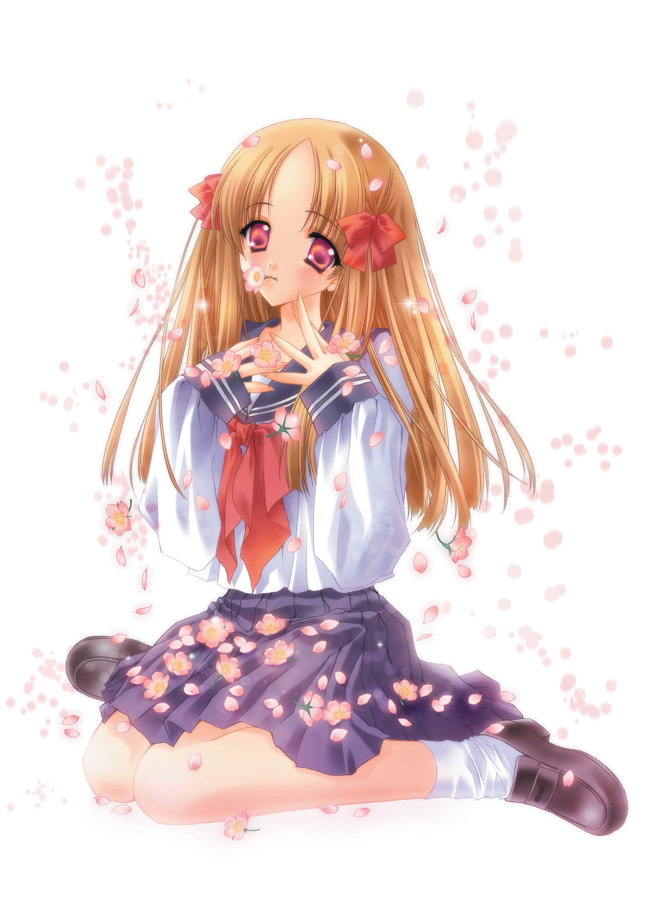 carnelian, azuma hatsumi, yami to boushi to hon no tabibito, white legwear, absurdres, highres, scan, 00s, 1girl, blonde hair, bow, cherry blossoms, female focus, flower, flower in mouth, full body, hair bow, loafers, long hair, long sleeves, looking at viewer, neckerchief, parted bangs, petals, red bow, red eyes, school uniform, serafuku, shoes, simple background, sitting, sleeves past wrists, solo, wariza, white background