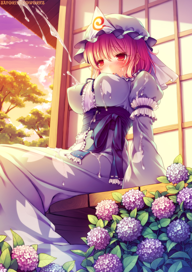 sayori (neko works), saigyouji yuyuko, touhou, bad id, bad pixiv id, 1girl, blush, breasts, bukkake, cum, cum on body, cum on breasts, cum on clothes, cum on lower body, cum on upper body, facial, female focus, flower, hat, huge breasts, hydrangea, japanese clothes, kimono, large breasts, pink hair, ribbon, short hair, solo, sunset, wet