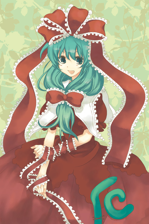akarino, akarino (yucco), kagiyama hina, touhou, 1girl, female focus, front ponytail, green hair, long hair, ribbon, solo