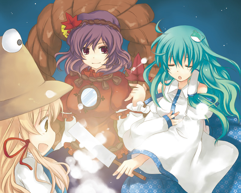 akarino, akarino (yucco), kochiya sanae, moriya suwako, yasaka kanako, touhou, 3girls, blonde hair, female focus, gohei, green hair, hair ornament, hat, japanese clothes, leaf hair ornament, long hair, miko, multiple girls, purple hair, ribbon, rope, shimenawa, short hair