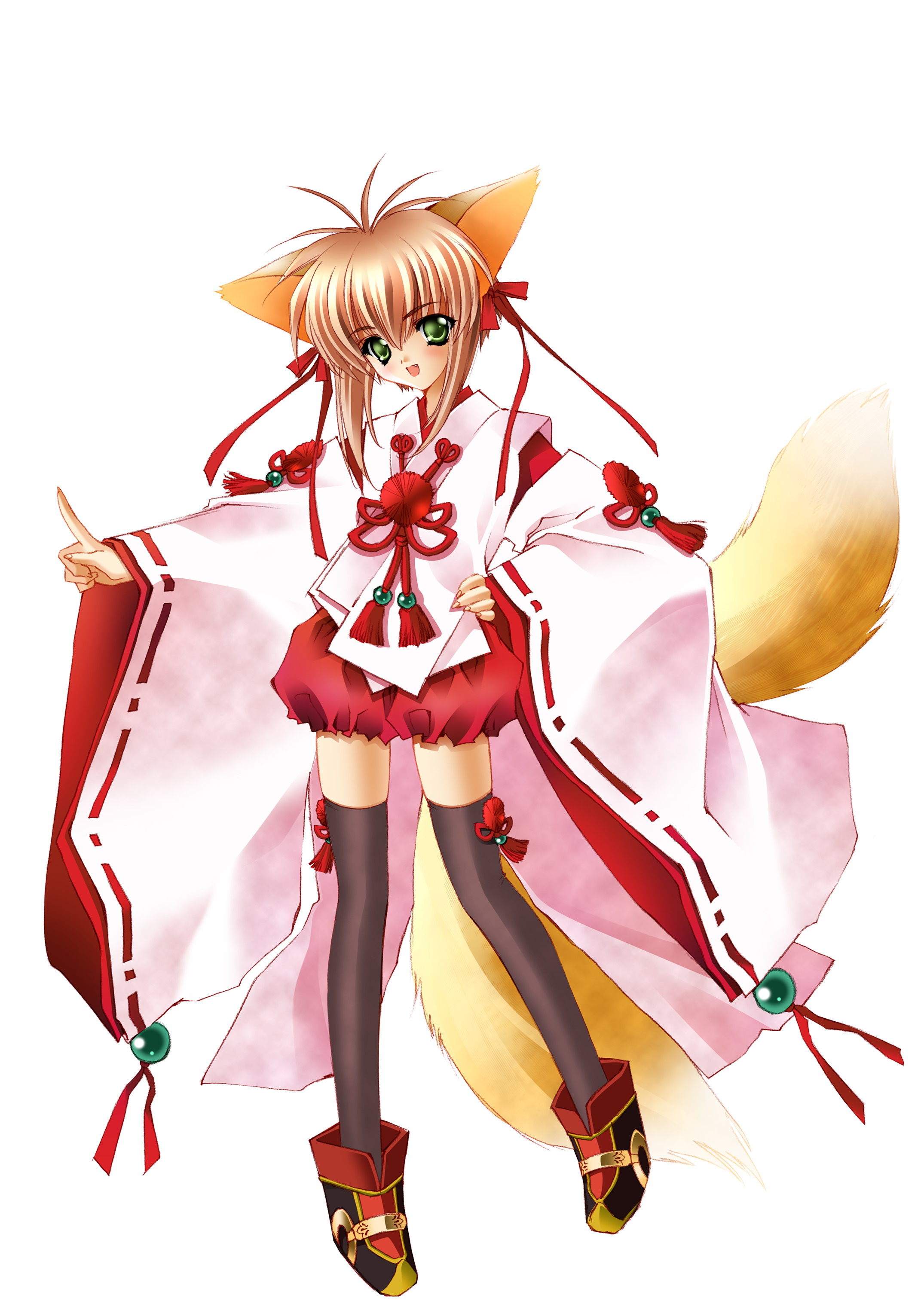 carnelian, meirin (yamibou), yami to boushi to hon no tabibito, absurdres, highres, scan, 00s, 1girl, animal ears, female focus, fox ears, green eyes, japanese clothes, short hair, solo, tail, thighhighs