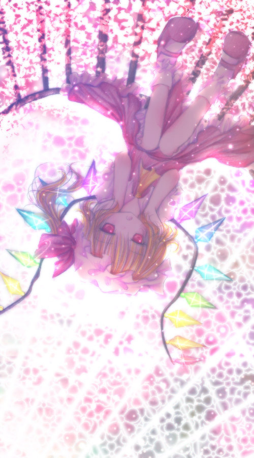 kasuga sunao, flandre scarlet, touhou, bad id, bad pixiv id, 1girl, female focus, full body, hat, mob cap, ponytail, red shoes, ribbon, shoes, short hair, socks, solo, white socks, wings