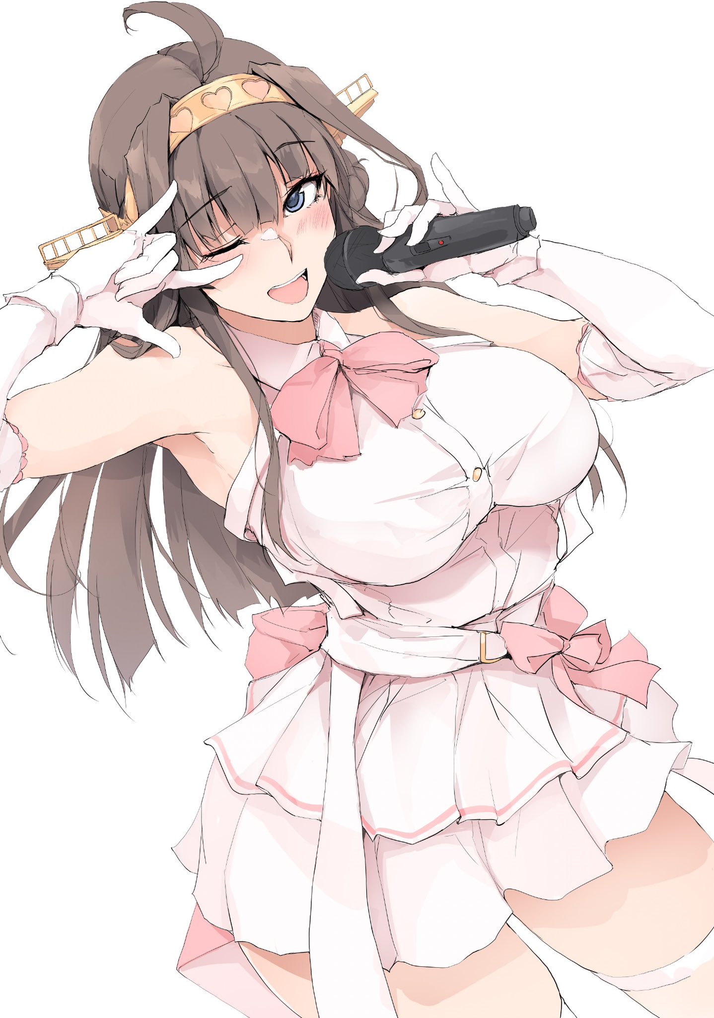 zekkyon, kongou (kancolle), kantai collection, highres, 1girl, ;d, m/, ahoge, alternate costume, alternate eye color, blue eyes, bow, breasts, brown hair, curvy, dress, elbow gloves, gloves, headgear, holding, holding microphone, idol, idol clothes, large breasts, long hair, looking at viewer, microphone, one eye closed, open mouth, pink bow, smile, solo, thick thighs, thighhighs, thighs, white dress, white gloves, white thighhighs