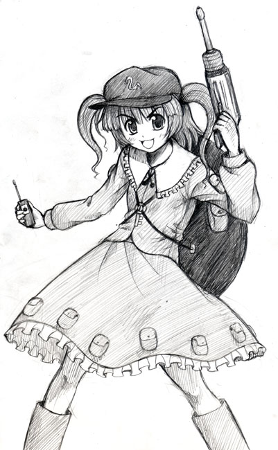 mozan, kawashiro nitori, touhou, 1girl, boots, dress, drill, female focus, greyscale, hair bobbles, hair ornament, holding, holding screwdriver, long sleeves, looking at viewer, machinery, monochrome, pocket, power drill, power tool, rubber boots, screwdriver, short hair, solo, thighhighs, two side up, worktool, zettai ryouiki