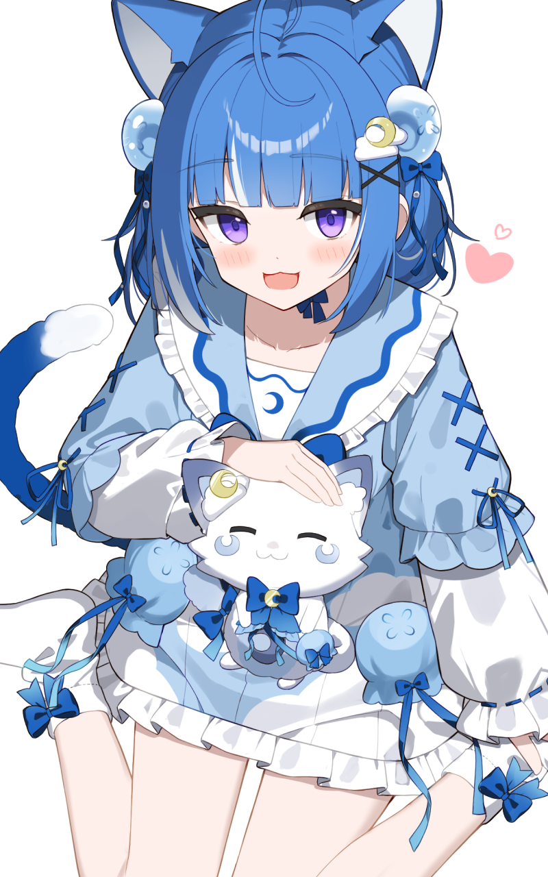 yoru no yayoi, kurageu roa, indie virtual youtuber, commentary, highres, 1girl, :3, animal, animal ears, animal on lap, bare legs, blue bow, blue bowtie, blue cardigan, blue hair, blush, bow, bowtie, cardigan, cat ears, cat girl, cat tail, closed eyes, cloud hair ornament, crescent, crescent hair ornament, cropped cardigan, dress, extra ears, hair ornament, heart, looking at viewer, multicolored hair, no shoes, on lap, open mouth, purple eyes, short hair, sitting, smile, socks, solo, streaked hair, tail, virtual youtuber, wariza, white dress, white hair, white socks, x hair ornament