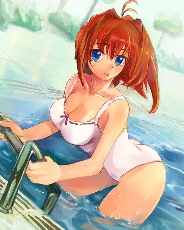 suoni (deeperocean), original, 1girl, ahoge, blue eyes, breasts, cleavage, female focus, large breasts, one-piece swimsuit, pool, red hair, short hair, solo, swimsuit, water, wet, white one-piece swimsuit