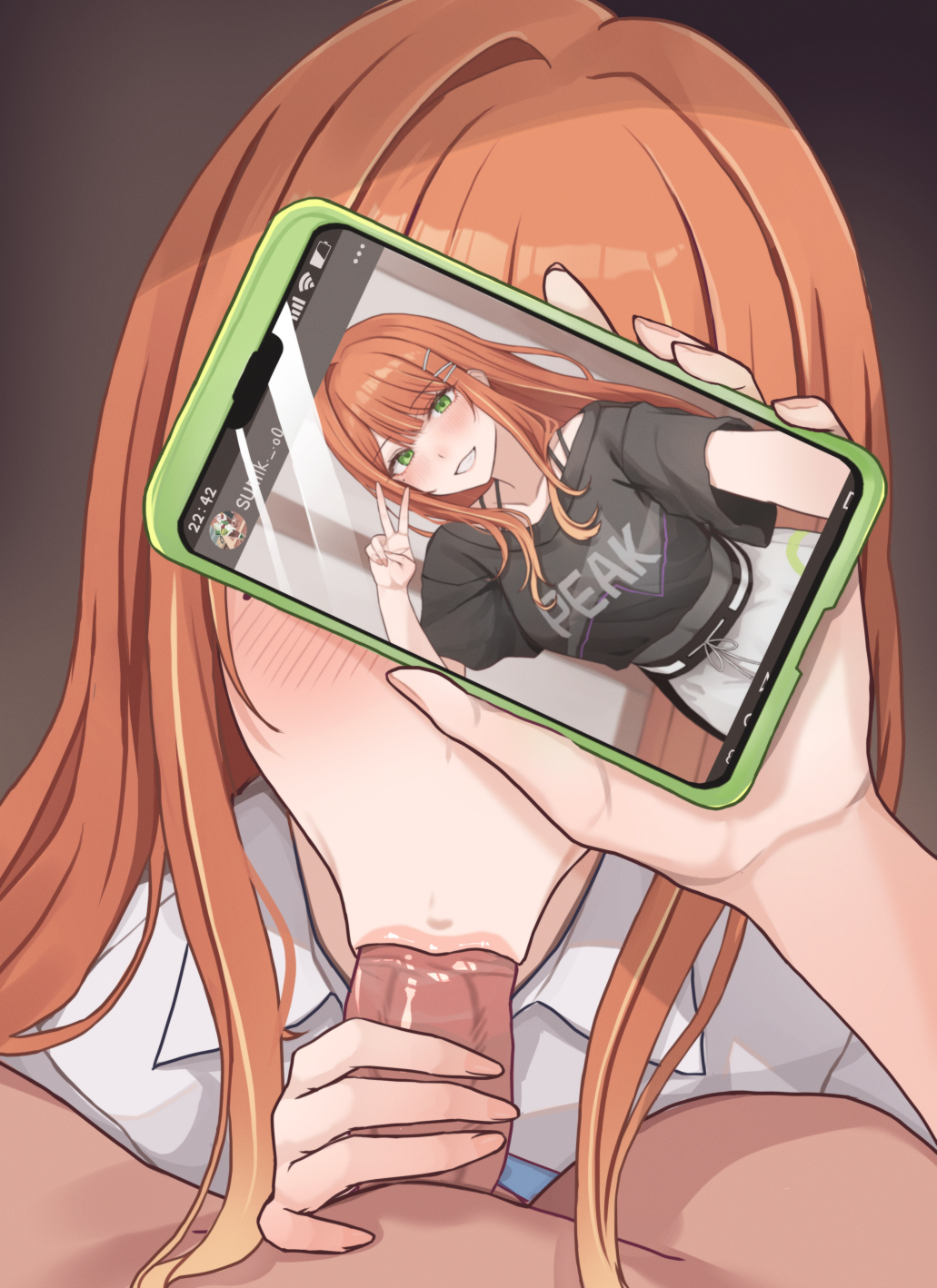 namagaki namero, shiun sumika, gakuen idolmaster, idolmaster, highres, 1boy, 1girl, :>=, black shirt, cellphone, cellphone photo, clothed female nude male, covered eyes, green eyes, grin, hetero, holding, holding phone, juxtaposition, long hair, looking at viewer, nude, orange hair, penis, performance juxtaposition, phone, pov, pov crotch, shirt, smartphone, smile, v