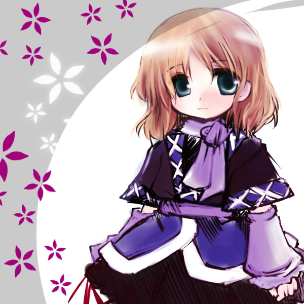 futami yayoi, mizuhashi parsee, touhou, 1girl, arm warmers, ascot, blonde hair, blue dress, blush, capelet, cowboy shot, dress, female focus, green eyes, looking at viewer, solo, tareme