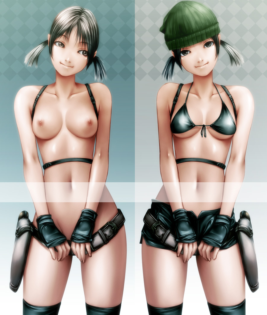 rezi, original, bad id, bad pixiv id, 2girls, belt, belt skirt, bikini, bikini top only, black eyes, black hair, breasts, fingerless gloves, front-tie top, gloves, gun, hat, holster, lips, multiple girls, navel, nipples, no bra, no panties, short hair, shorts, swimsuit, thighhighs, twintails, weapon