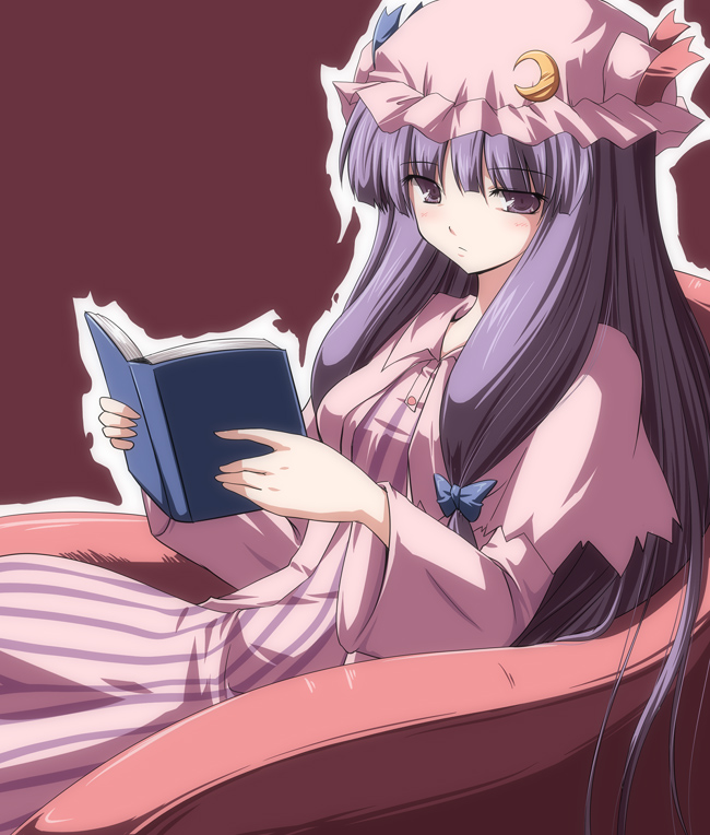 subaru noji, patchouli knowledge, touhou, 1girl, blush, book, female focus, purple hair, simple background, sitting, solo