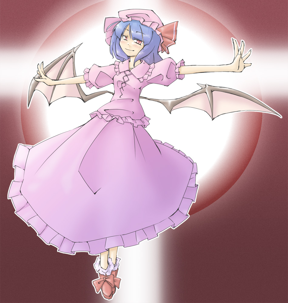 arnest, remilia scarlet, touhou, silver hair, 1girl, bat wings, dress, female focus, hat, hat ribbon, looking at viewer, mob cap, outstretched arms, pink dress, puffy short sleeves, puffy sleeves, red eyes, ribbon, shoes, short sleeves, solo, wings
